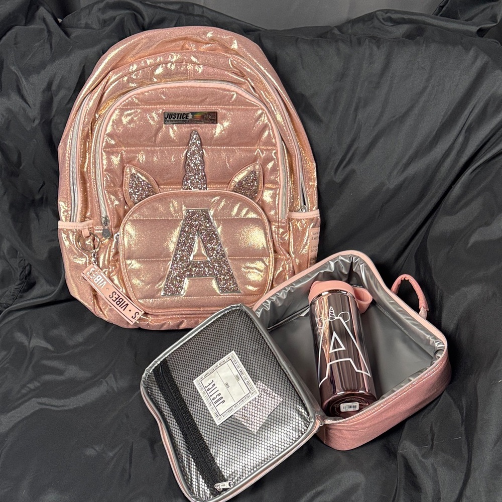 Justice Pink Sparkle Unicorn Backpack Set, Initial A - Picture 13 of 13